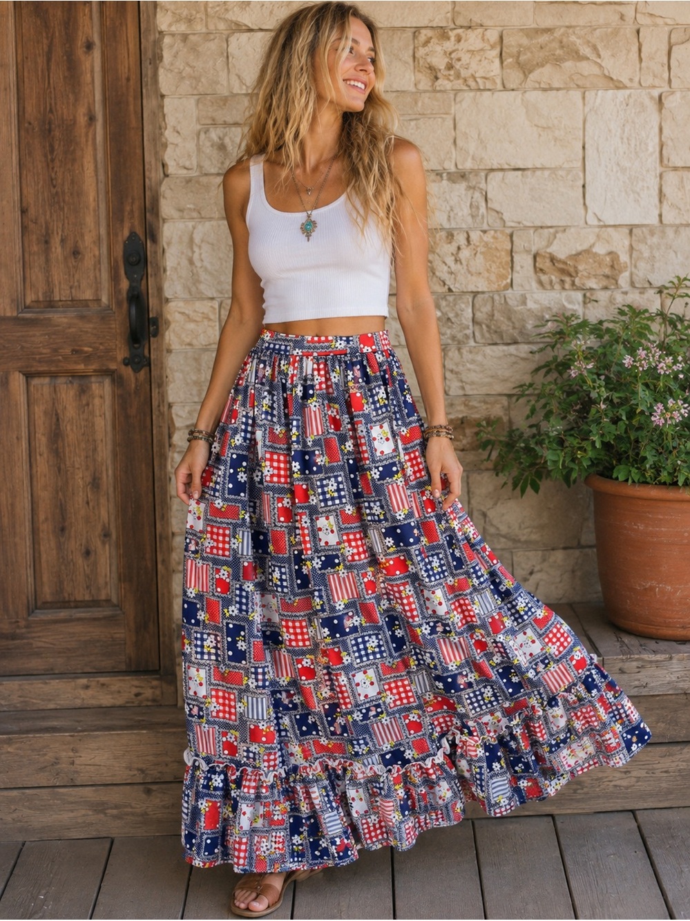 Vintage 1970's Handmade Bohemian Patchwork Maxi Skirt Small